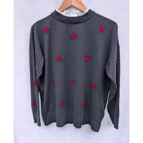 Sioni Womens Black Crewneck Sweater Sz XL Modest Red Hearts Lace Neck Trim - Picture 1 of 5